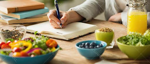 The healthy meal preparation and mindful writing in a cozy kitchen setting. AI generated image