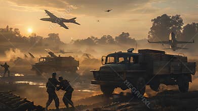 Dramatic Sunset Silhouette of Military Convoy and Aircraft during Operation