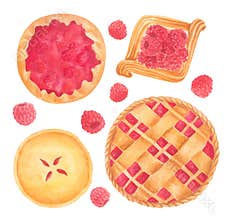 Watercolor set of raspberry pies and pastries, isolated illustration.