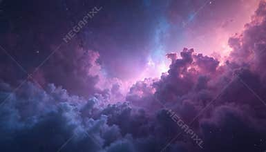 Vibrant space galaxy background with nebula clouds and distant stars. Purple and blue tones. Cosmic view depicts deep space
