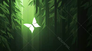A white butterfly with black spots is flying in a green forest.