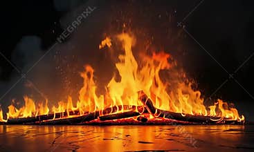 A burning fire at night with glowing coals and flying sparks