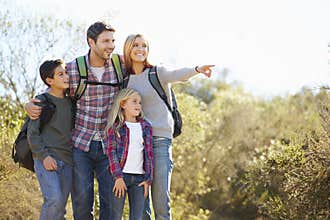 Family Hiking In Countryside Wearing Backpacks