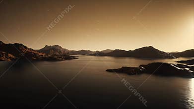 Ethereal Lake Landscape: Golden Light, Mountains, and Tranquil Water Scenery