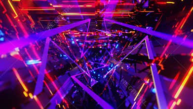 colorful tunnel with intersecting lines and triangles in shades of purple, blue, red, and yellow.