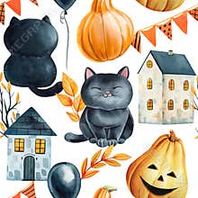Watercolor autumn seamless pattern with black cats pumpkins haunted houses balloons and bunting on white festive background