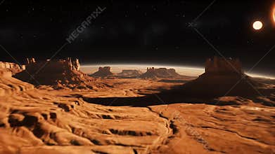 Dynamic Sci-Fi Journey: Sweeping Across a Vast Alien Desert Planet Under Twin Glowing Moons and Starry Night