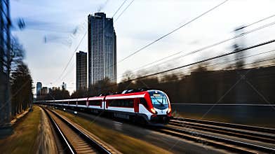 Speed and movement, a red and white train in a blurred landscape.