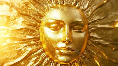 Golden sun face shining with warm light and closed eyes