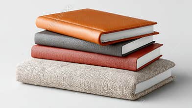 Four hardcover books in vibrant colors are stacked together, showcasing their textures against a gray background