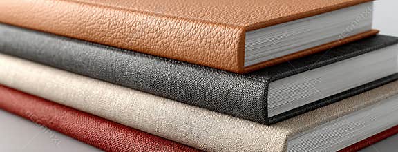 Four hardcover books in vibrant colors are stacked together, showcasing their textures against a gray background