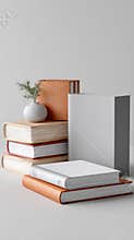 Four hardcover books in vibrant colors are stacked together, showcasing their textures against a gray background