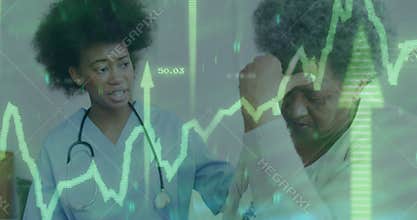 Green health chart appearing guiding nurse touching worried patient shoulder, offering comfort