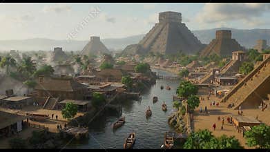 AI-generated illustration of an Aztec marketplace in Tenochtitlan, pyramids rising in the distance