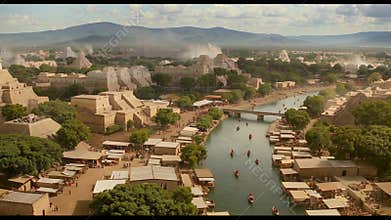 AI-generated illustration of the Aztec capital of Tenochtitlan, canals filled with canoes