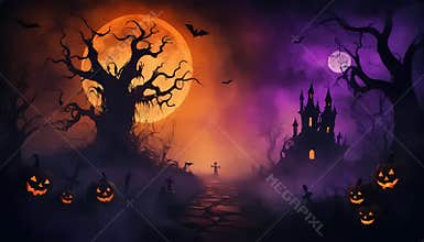 A spooky atmospheric painting of a Halloween night, with jack-o-lanterns, and a castle under a red and purple sky, with a moon
