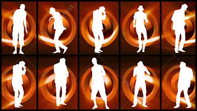 Animation of twelve men silhouettes dancing against orange and black background