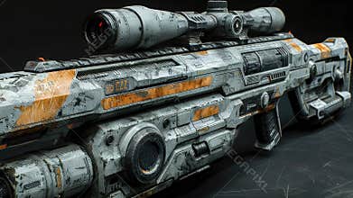 Futuristic Sci-Fi Sniper Rifle with Orange Accents and Worn Texture