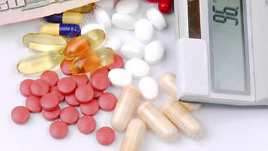 Dollars and colourful pills turning