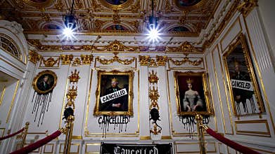 AI-generated artwork of a luxurious hall with classic portraits defaced by bold "CANCELLED" tags