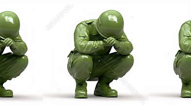 Three Sorrowful Soldiers Crouching Figures in Olive Green Uniforms