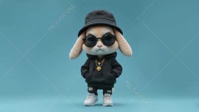 Standing Rabbit Character Wearing Sunglasses and Hoodie Outfit