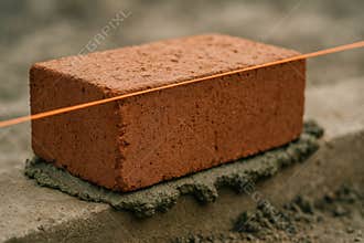 Red clay brick being precisely placed on fresh mortar for wall construction with alignment string in focus at the construction