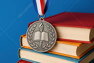 Academic achievement silver medal with tricolor ribbon resting on stacked colorful books against blue background symbolizing