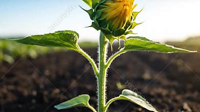 New Life in Agriculture: A Young Sunflower Sprout Emerges from Fertile Soil at Sunrise