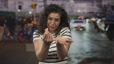 Woman makes begging gesture with open hand and curled finger on street under blurred traffic lights; desperation