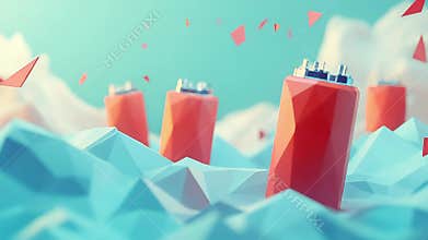 Red batteries emerging from a turquoise low poly landscape