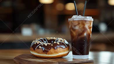 Iced coffee and chocolate donut on wooden table with cozy cafe background