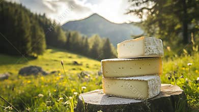 Timelapse of cheese aging in serene mountain meadow landscape with daylight transition