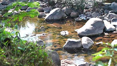 Clear Stream Flowing Over Rocks Nature's Serenity Mang River in Nan , Thailand.