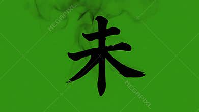 Dynamic Animation of a Black Japanese Kanji Symbol Dissolving into Mystical Smoke on a Green Screen