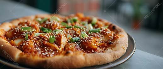 Freshly baked pizza garnished with fresh basil leaves in progressive closeup sequence