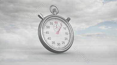 Subtle click starting red second hand rotating clockwise per second measuring time over white plane