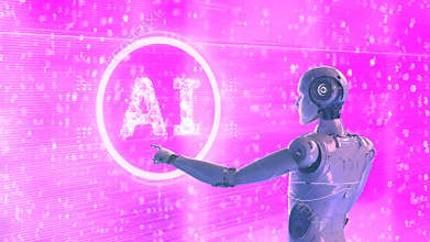 Ai technology with humanoid robot with hud graphic interface