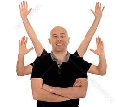 Smiling man with six arms