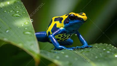 Vibrant Blue and Yellow Poison Dart Frog on Dewy Leaf Close-Up View