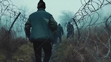 Fence vision: barbed enclosure, limit marker, no-passage trace, migration edge, restriction field, exile sign, perimeter tension,