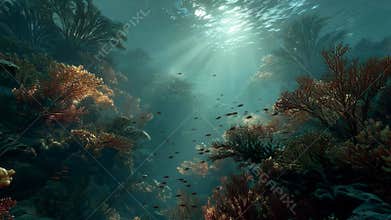 Underwater scene with marine life, light filtering from above, vibrant colored fish and corals, sea plants, green algae, depth