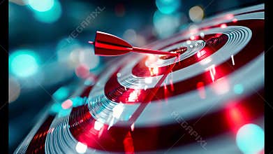 Red dart hitting the center of a futuristic digital target with glowing highlights