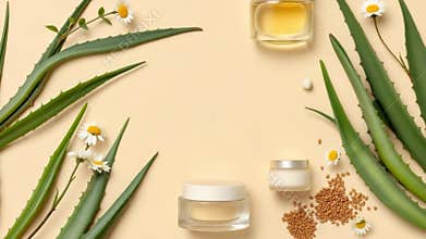 Aloe vera leaves and natural skincare products arranged on a soft beige background with copy space