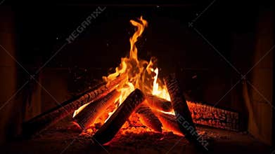 Cozy fireplace with burning wood embers and flames warmth in a home