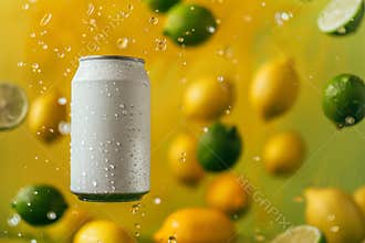 Soda drink can 330ml floating, lemons and limes in the air scattered, vibrant background of yellow and lime green color