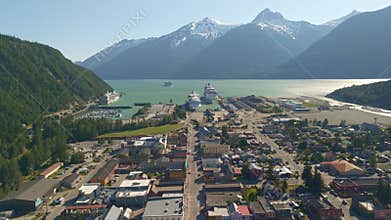 Aerial video of Skagway, Alaska, USA. A Scenic Port Town amidst Towering Peaks. July 21, 2025.