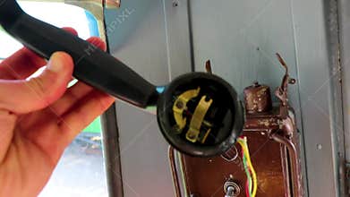 Old telephone inside classic vintage retro train steam locomotive Belarus