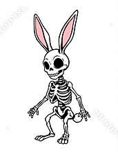 Tattoo flash design of a bunny skeleton, with bold black outlines, white background, digital art print, logo