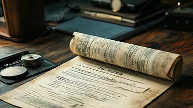 Old rolled up document lying on antique wooden desk with inkwell and vintage utensils